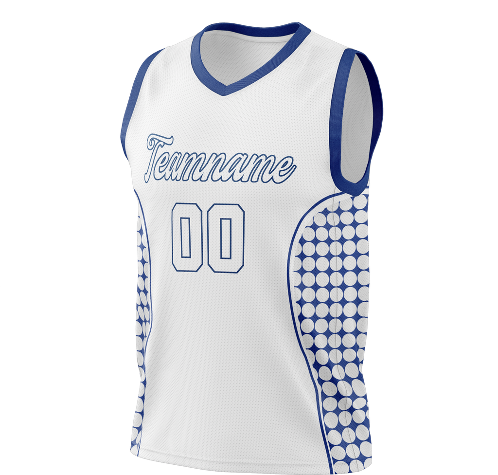 Custom Unisex White & Navy Blue Pattern Basketball Jersey BS0000160218