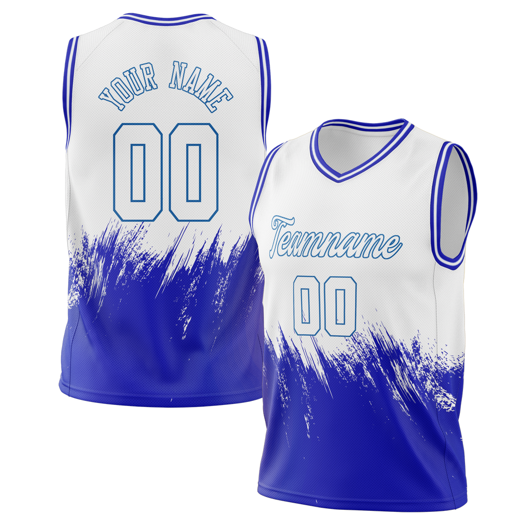 Custom Unisex White & Royal Blue Pattern Basketball Jersey BS0000370219