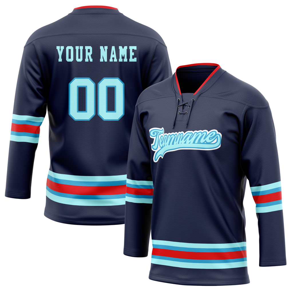 Custom Team Design Navy Blue & Teal Colors Design Sports Hockey Jersey HK00VGK021817