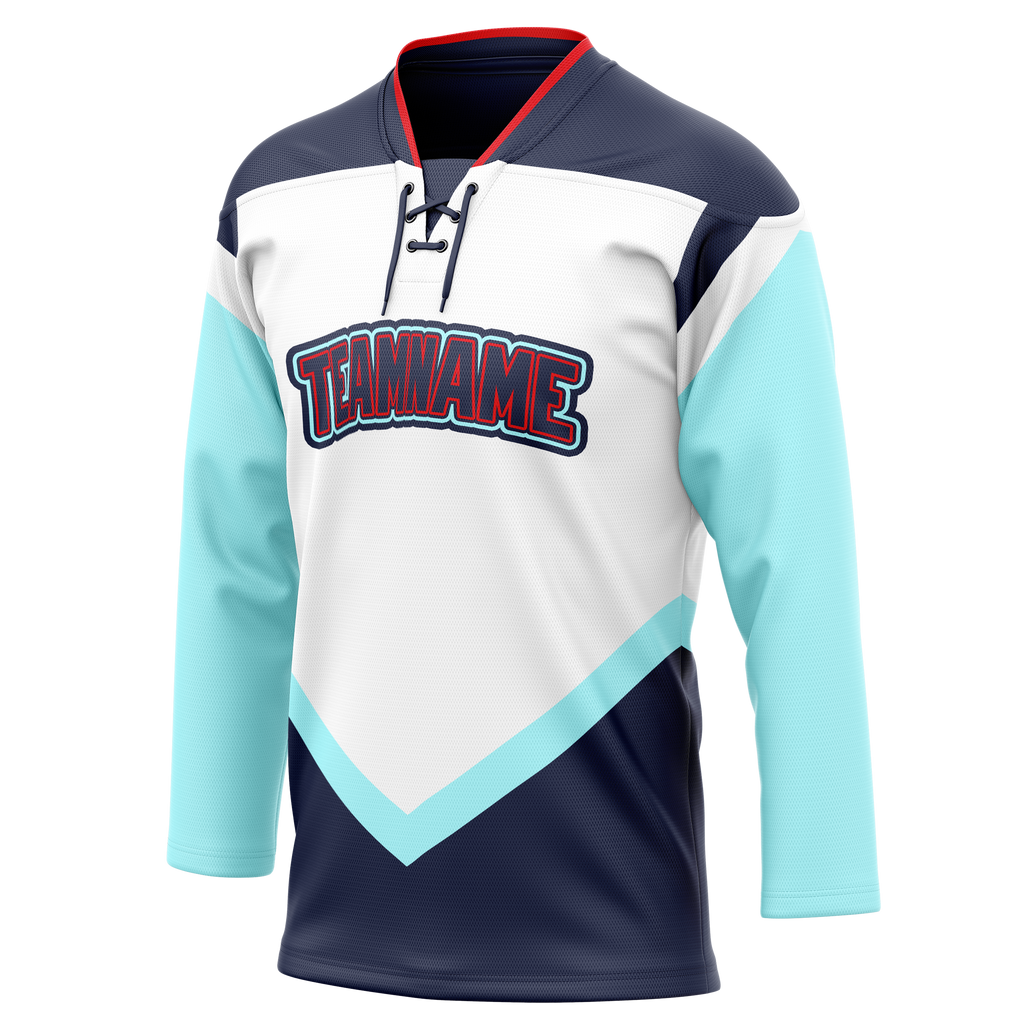 Custom Team Design White & Navy Blue Colors Design Sports Hockey Jersey HK00VGK080218