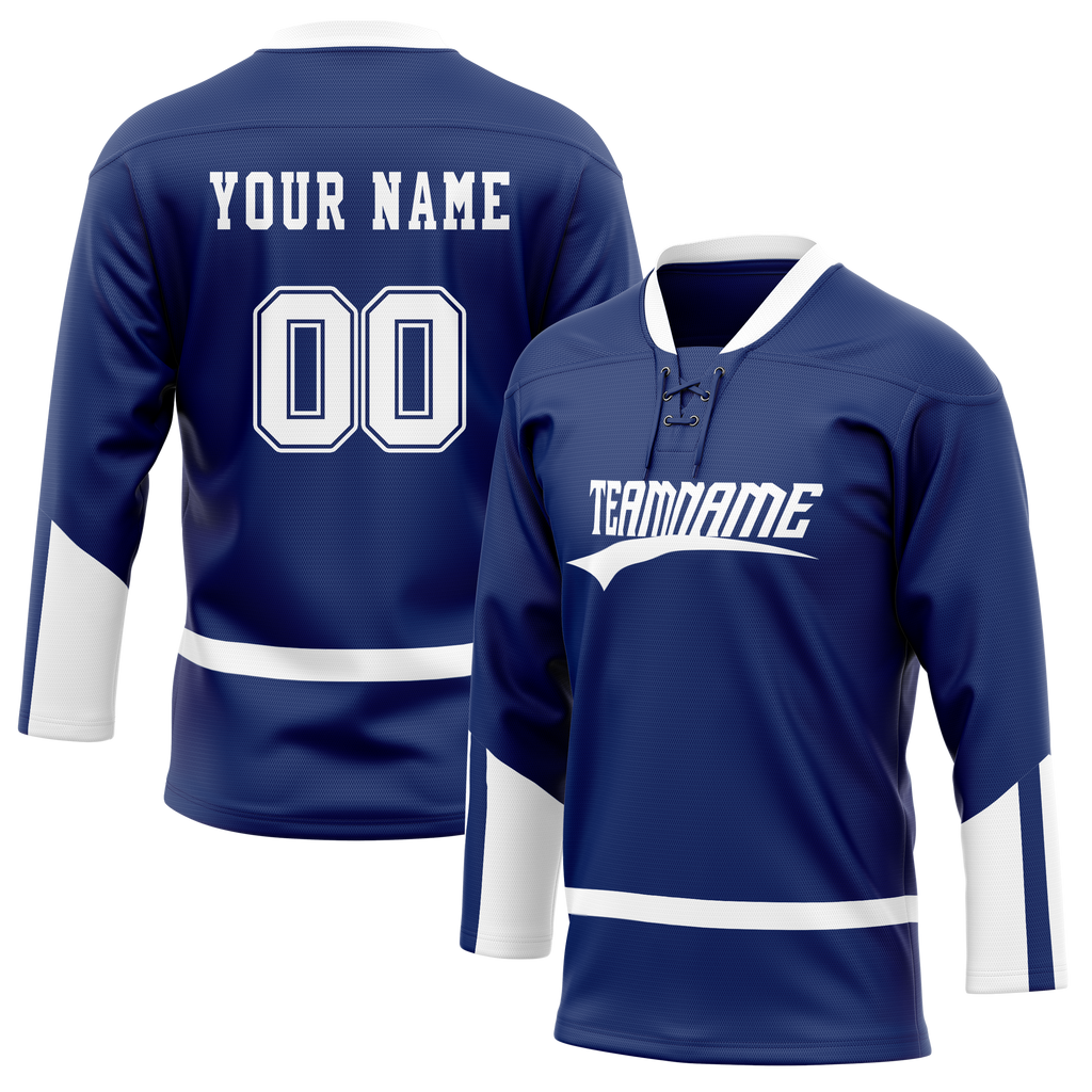 Custom Team Design Navy Blue & White Colors Design Sports Hockey Jersey HK00VC011802
