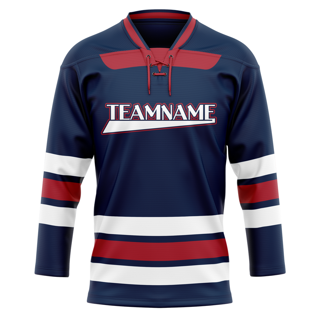 Custom Team Design Navy Blue & Red Colors Design Sports Hockey Jersey HK00AD011809