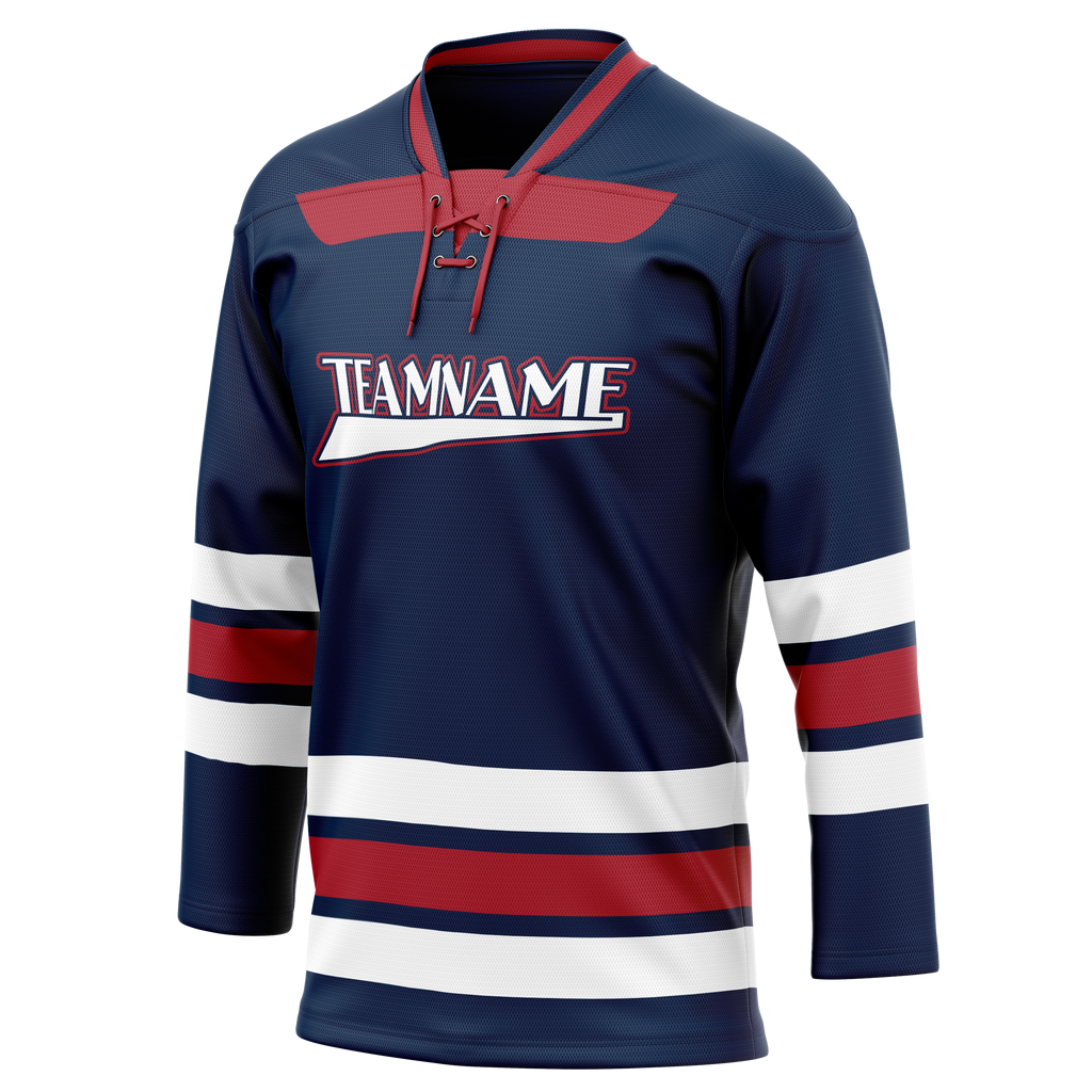 Custom Team Design Navy Blue & Red Colors Design Sports Hockey Jersey HK00AD011809